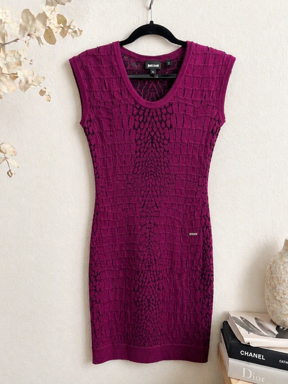 Just Cavalli Purple Knit Bodycon Dress XL Textured Stretch Made in Italy